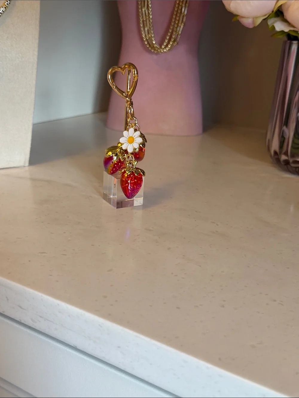 Gold Strawberries& Daisy Charm Keychain Bag Charm - Red
